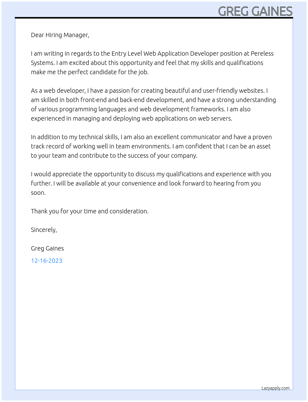 Entry Level Web Application Developer At Pereless Systems Cover Letter