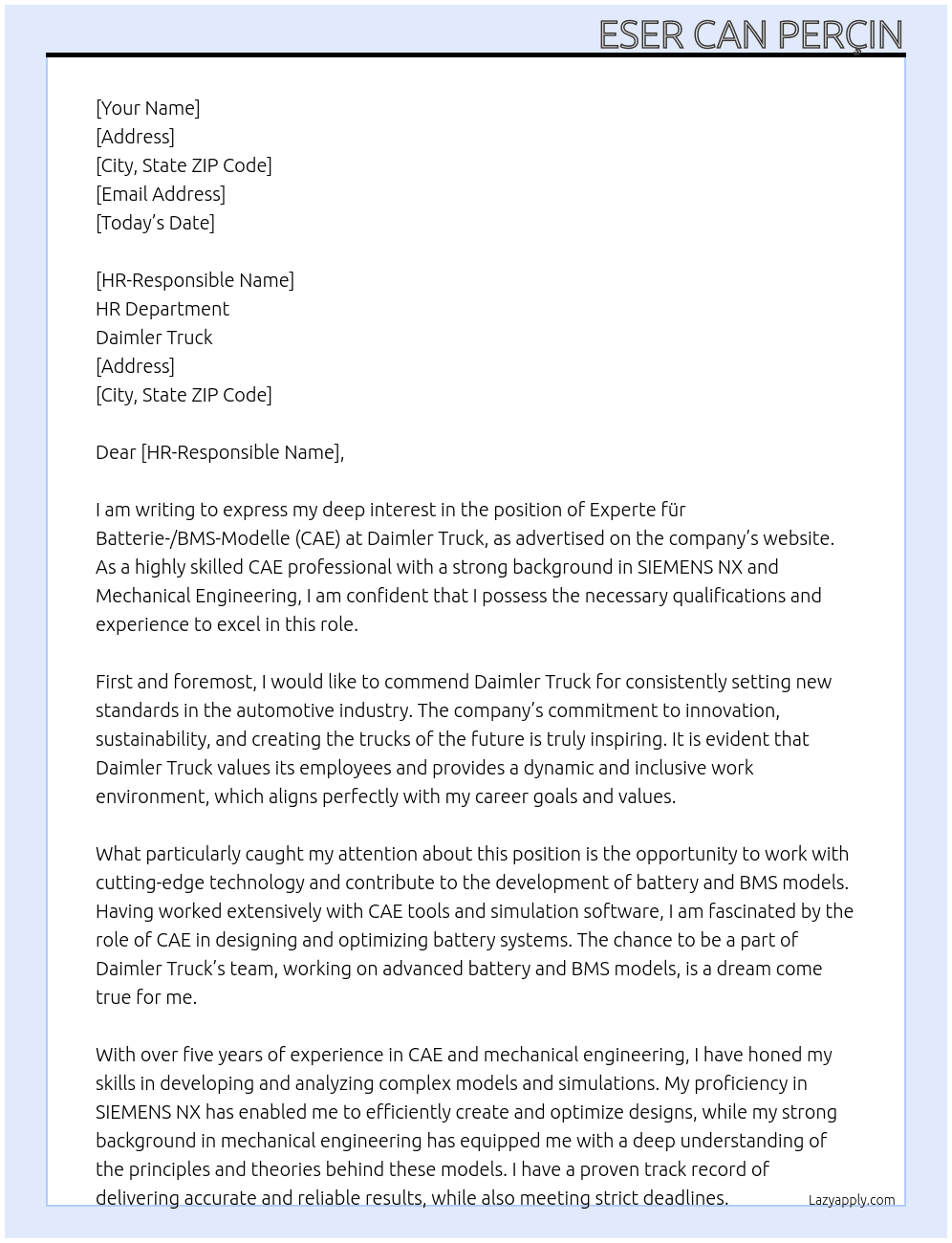 Experte für Batterie-/BMS-Modelle (CAE)  At Daimler Truck Cover Letter