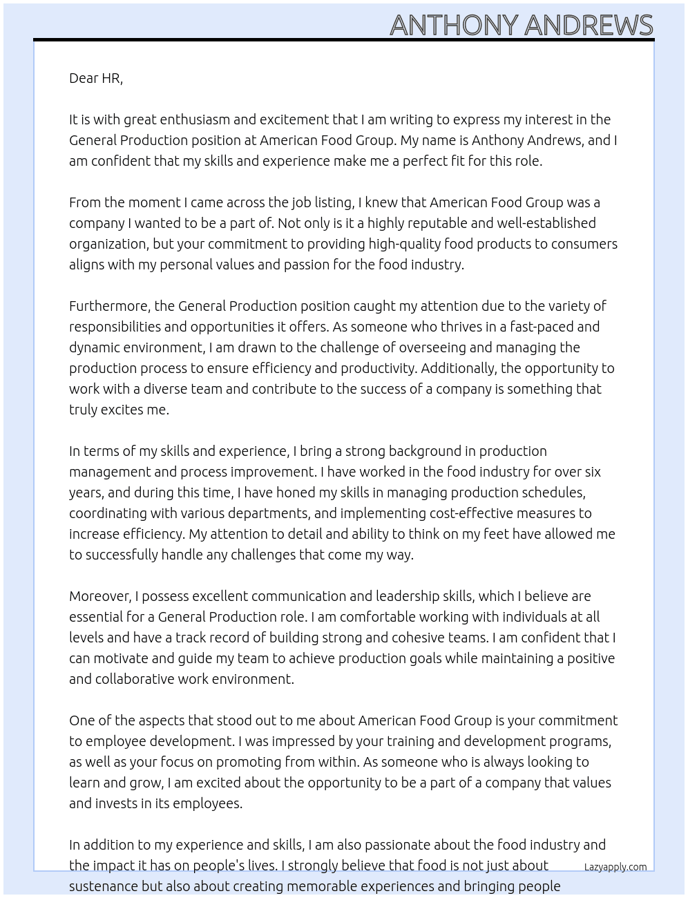 General production  At American food group Cover Letter