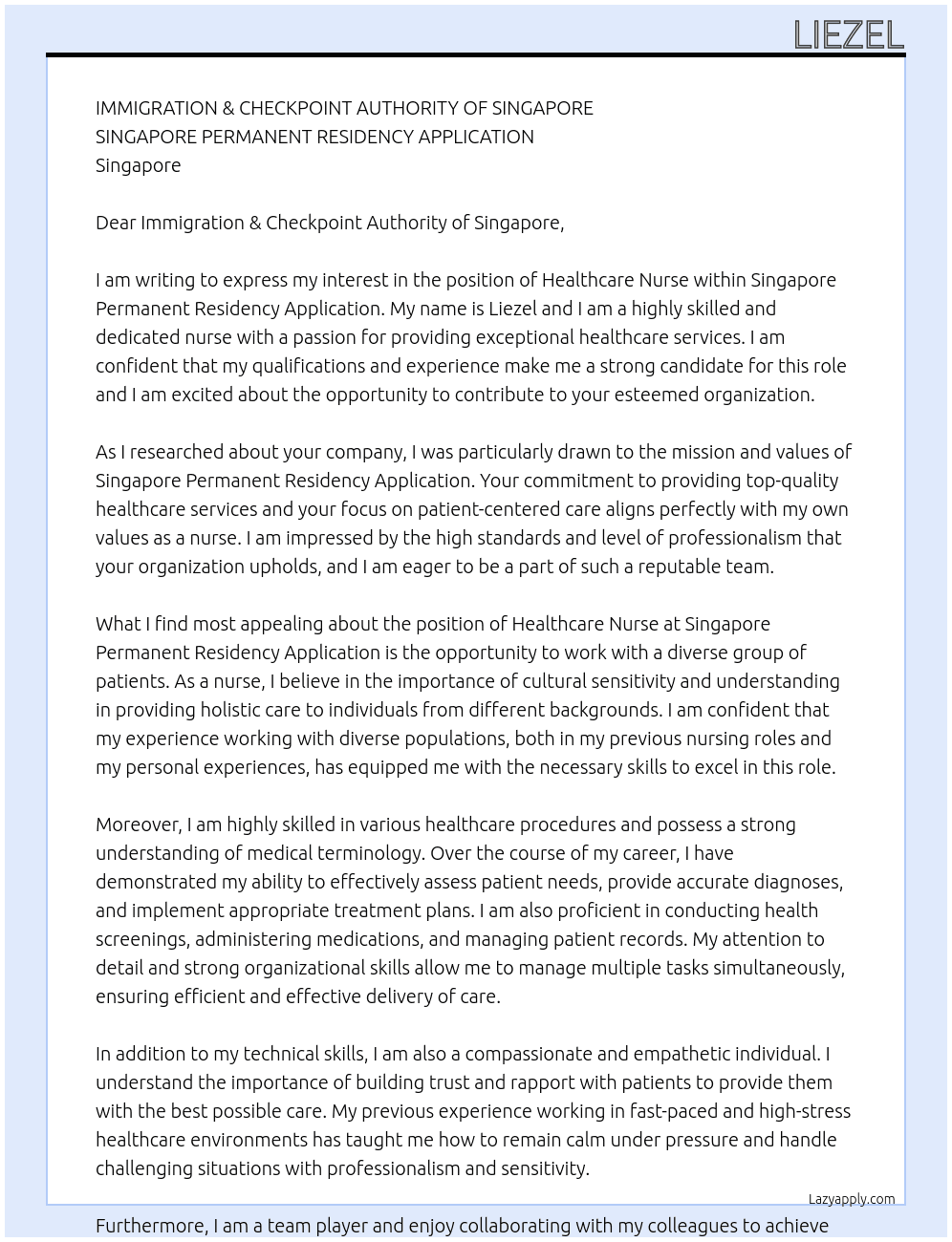 HEALTHCARE NURSE At SINGAPORE PERMANENT RESIDENCY APPLICATION Cover Letter