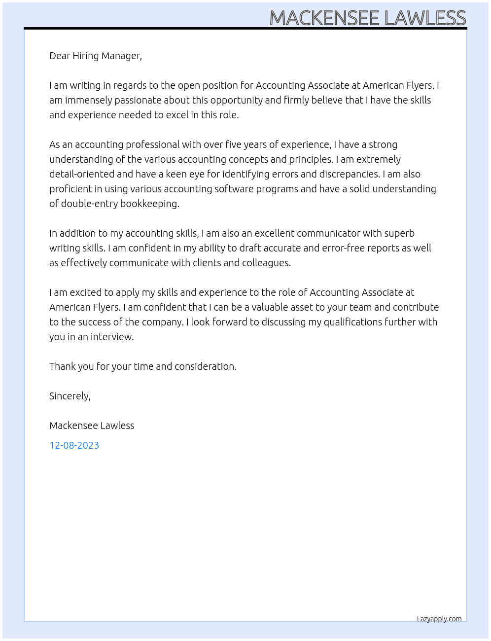 Accounting Associate  At American Flyers Cover Letter