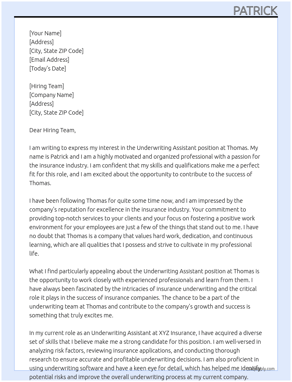 Underwriting Assistant At Thomas Cover Letter