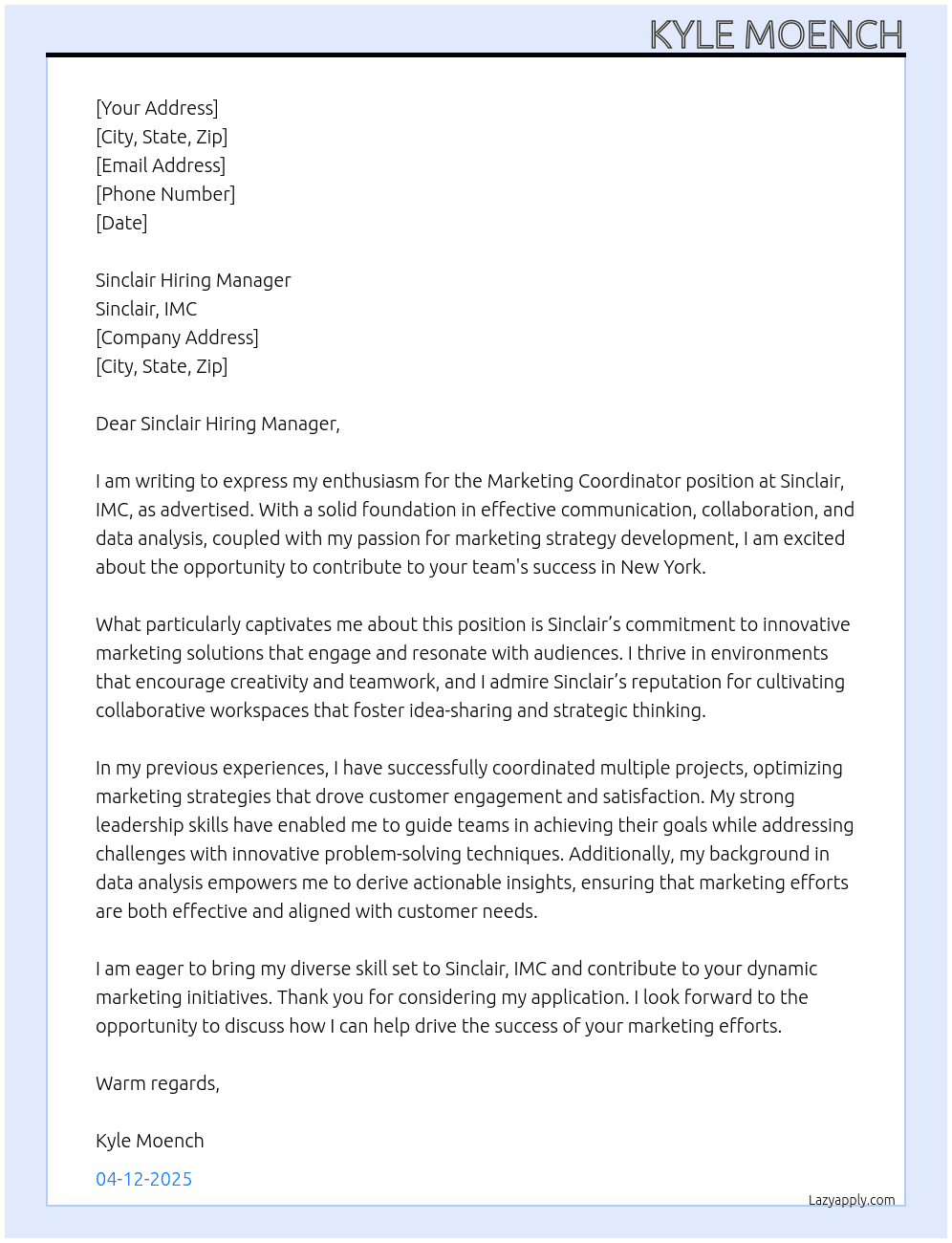 Marketing Coordinator At Sinclair, Imc Cover Letter