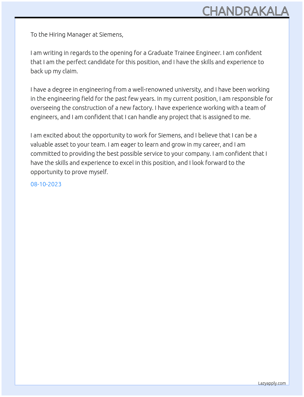 graduate trainee engineer At siemans Cover Letter