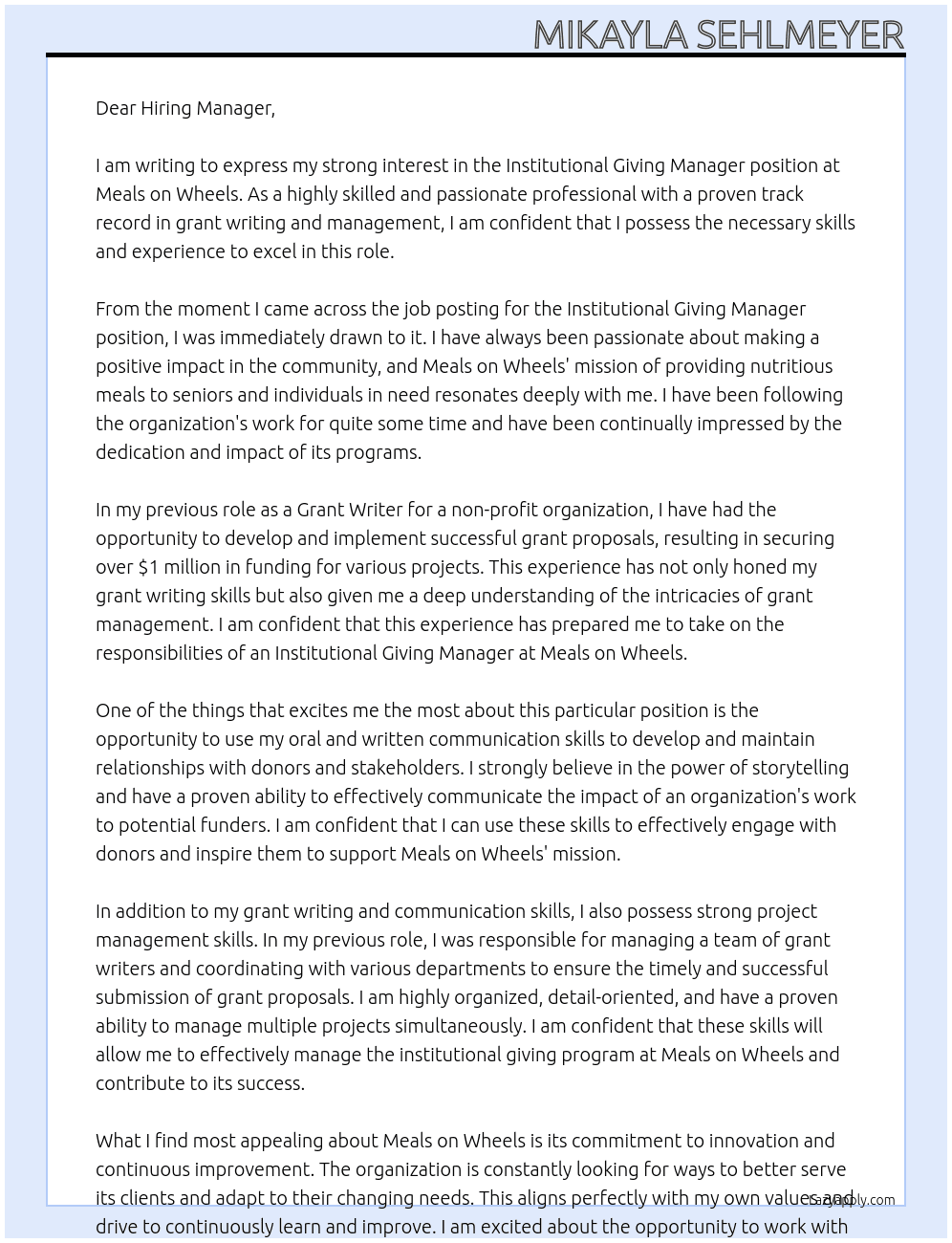Institutional Giving Manager At Meals on Wheels Cover Letter