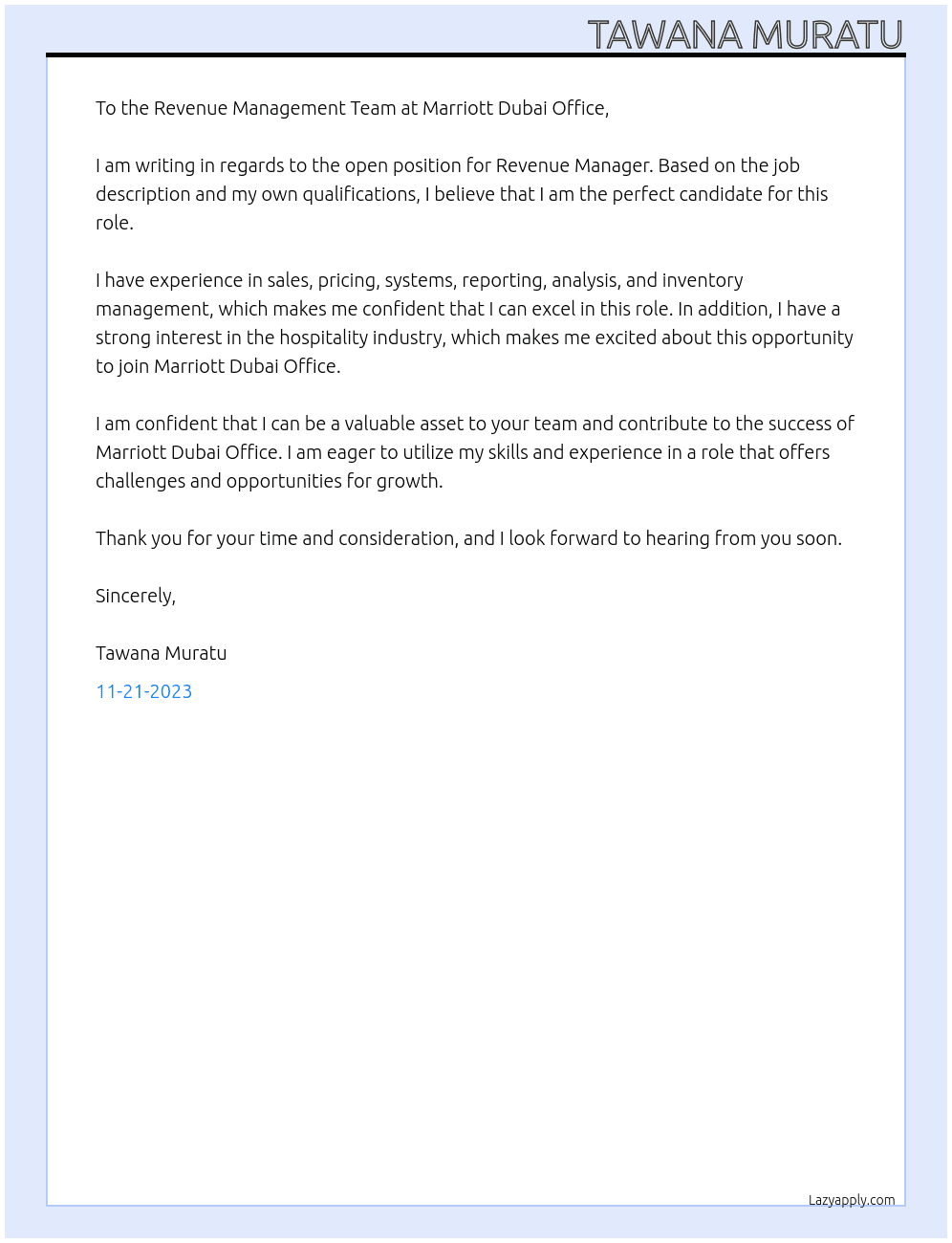 Revenue Manager At Marriott Dubai Office  Cover Letter