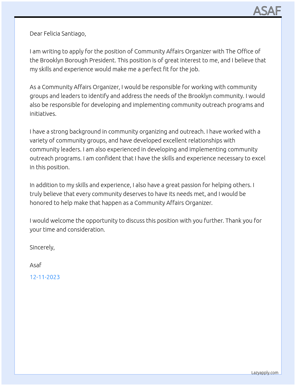 Community Affairs Organizer At The Office of the Brooklyn Borough President Cover Letter
