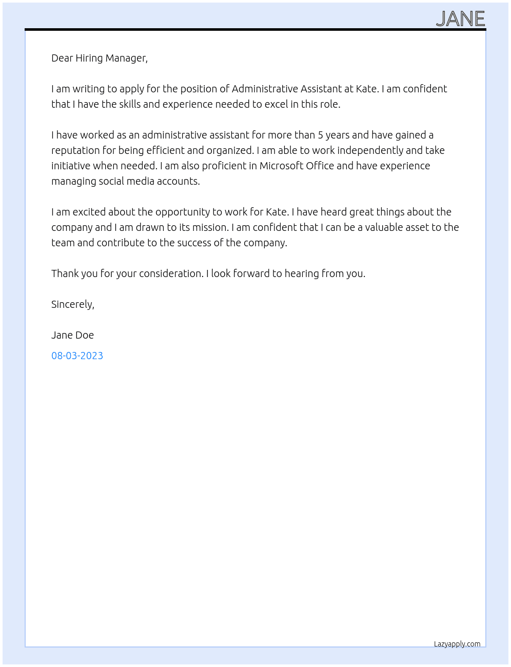 administrative assistant At kate Cover Letter