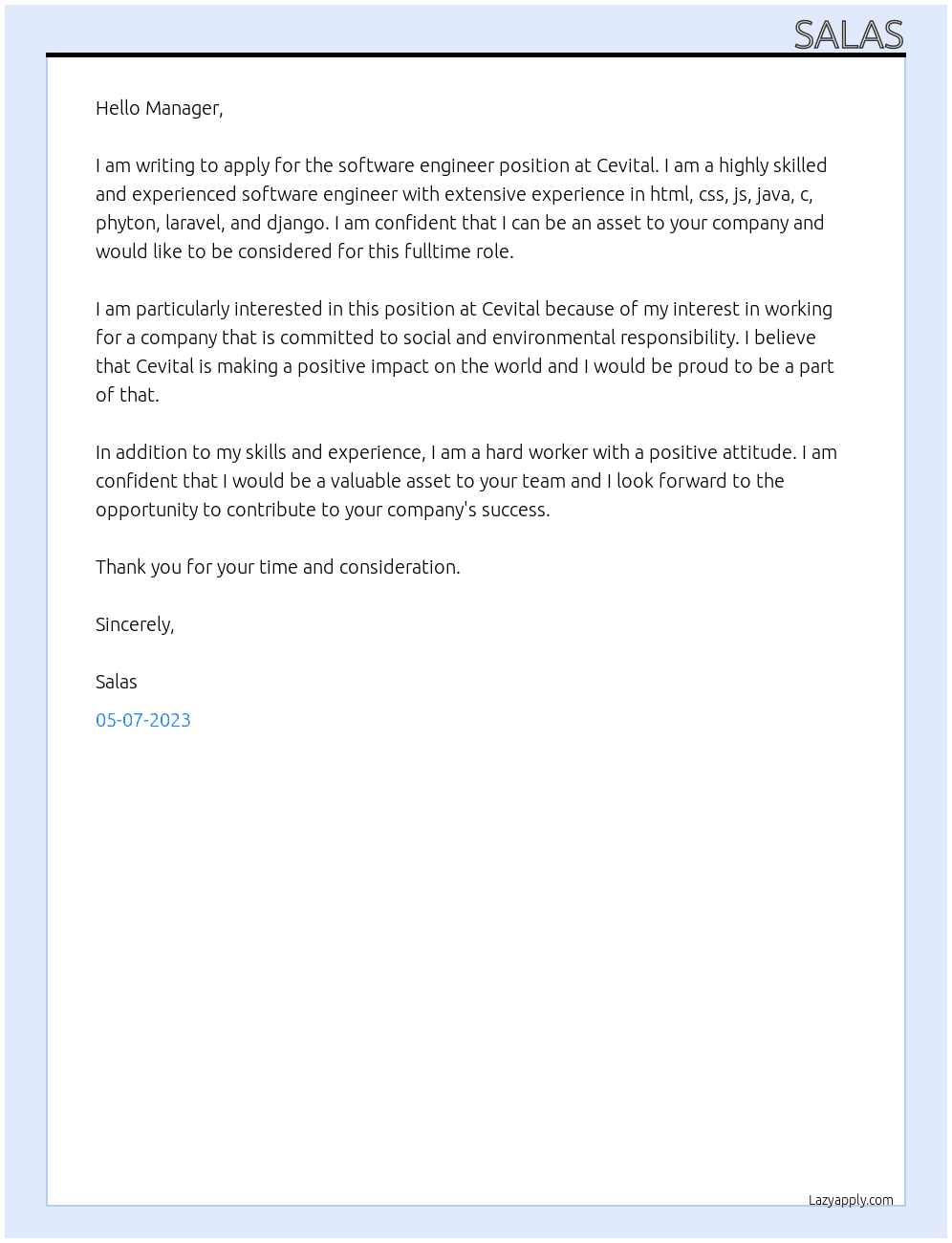 software engineer At Cevital Cover Letter