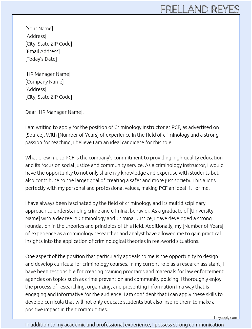 criminolgy  instructor At pcf Cover Letter