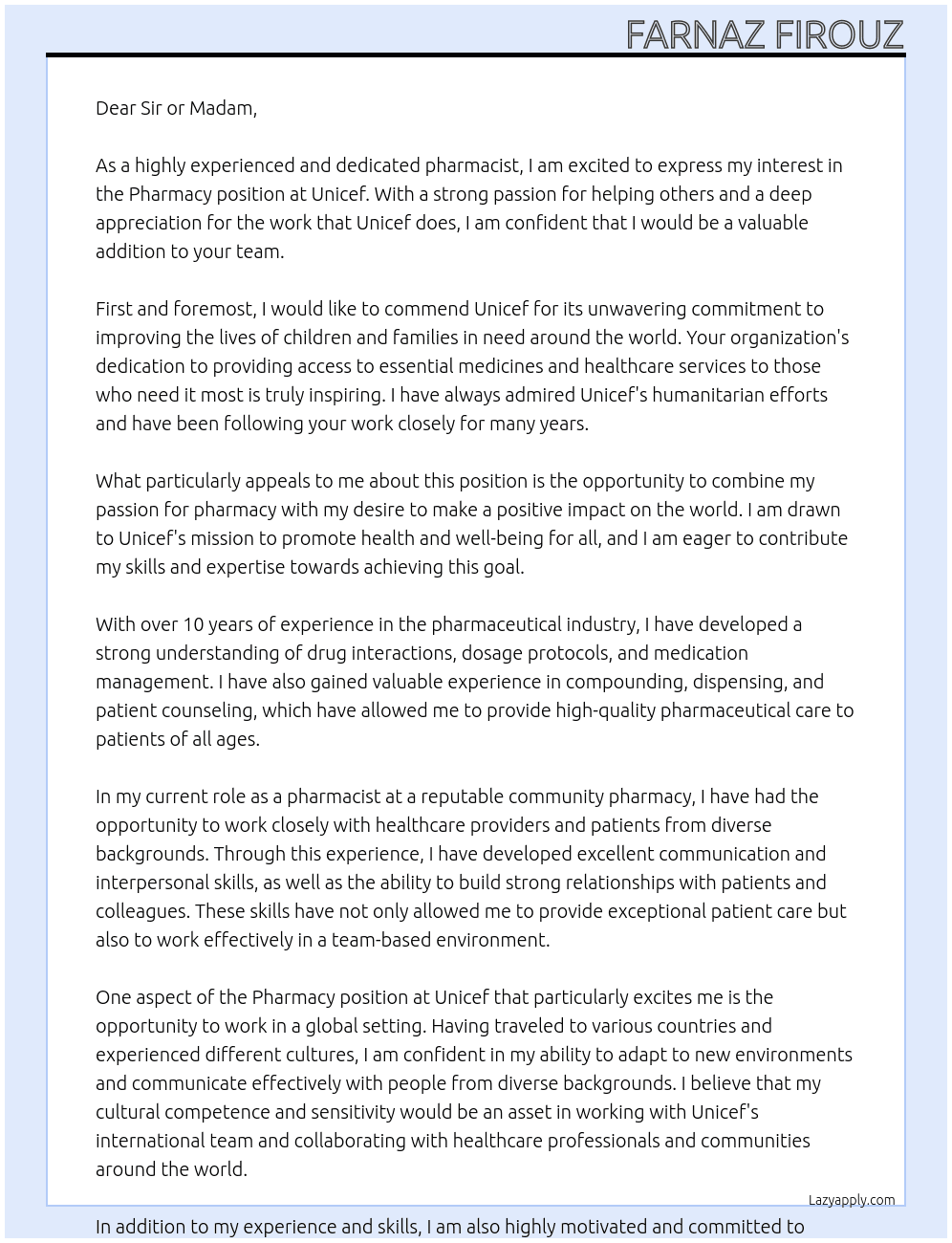 Pharmacy At Unicef Cover Letter