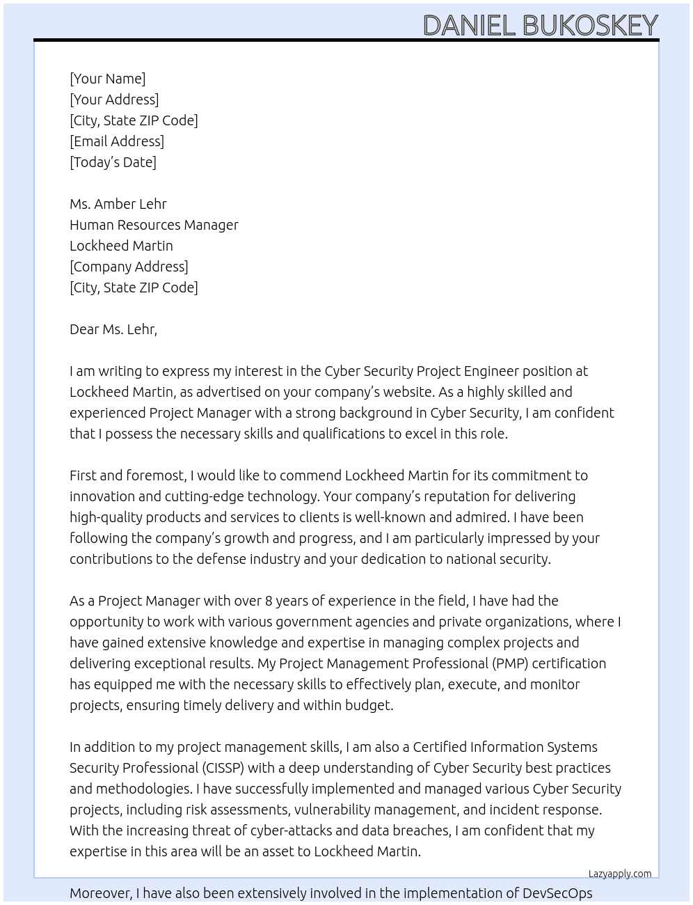 Cyber Security Project Engineer At Lockheed Martin Cover Letter
