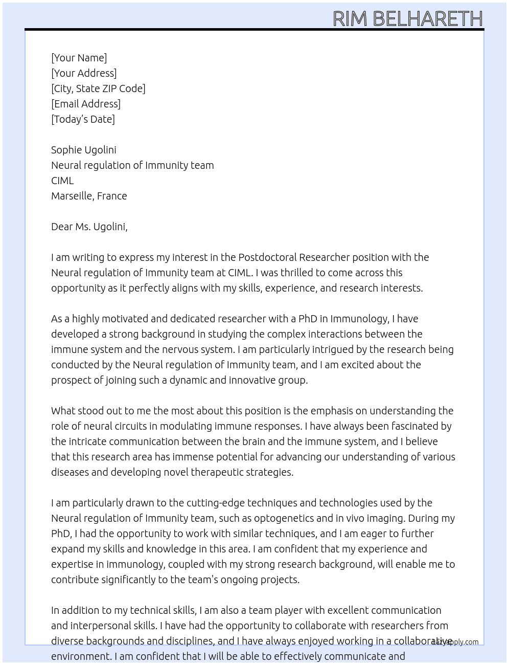 postdoc reseacher At  Neural regulation of Immunity team at CIML Cover Letter