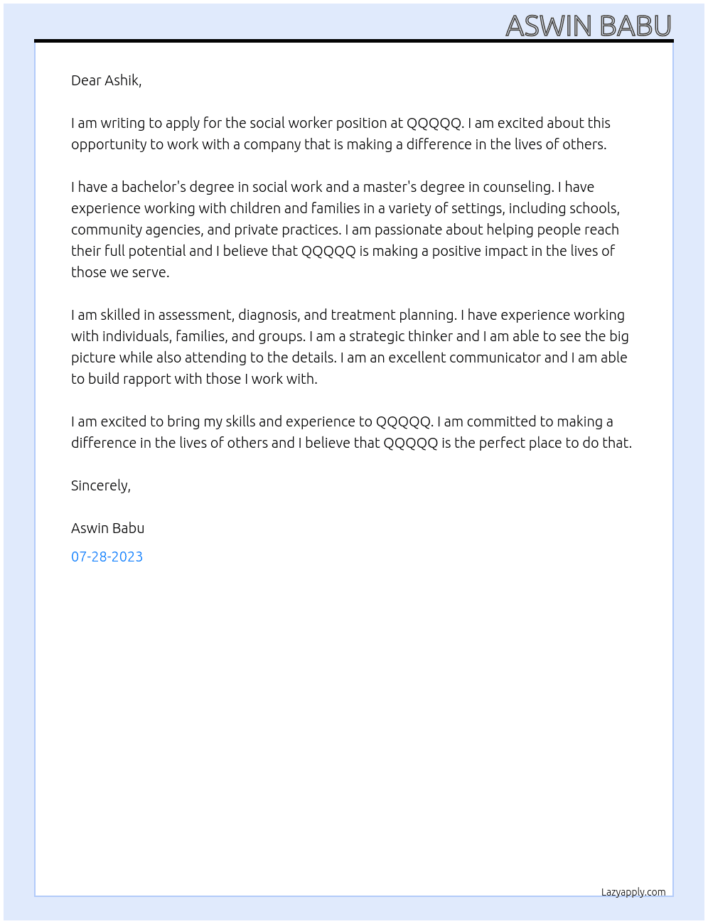 social worker At QQQQQ Cover Letter
