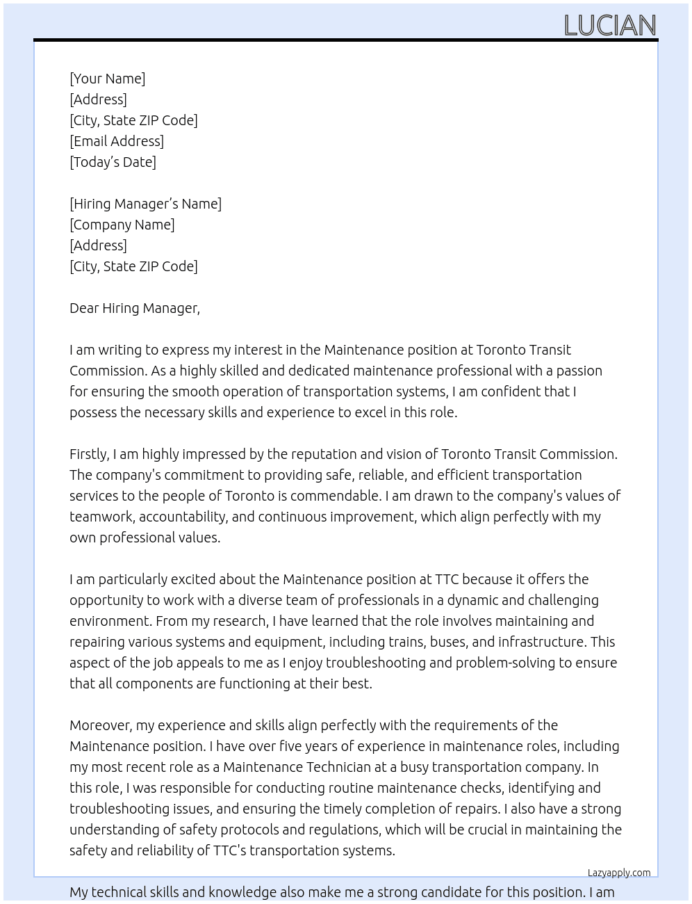 Maintenence At Toronto Transit Commission Cover Letter