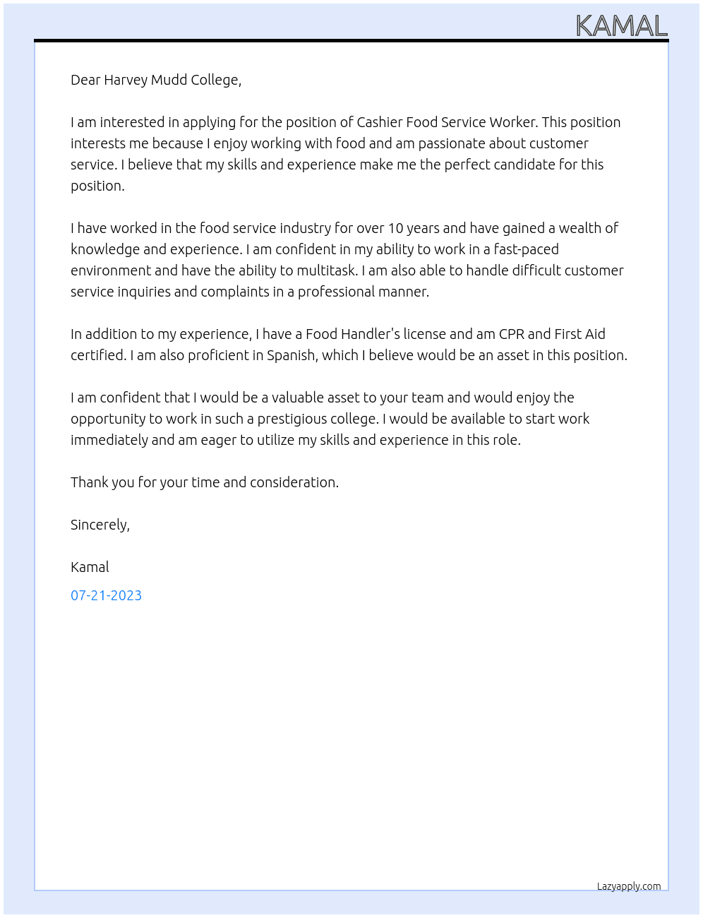 Cashier Food Service Worker At Harvey Mudd College Cover Letter