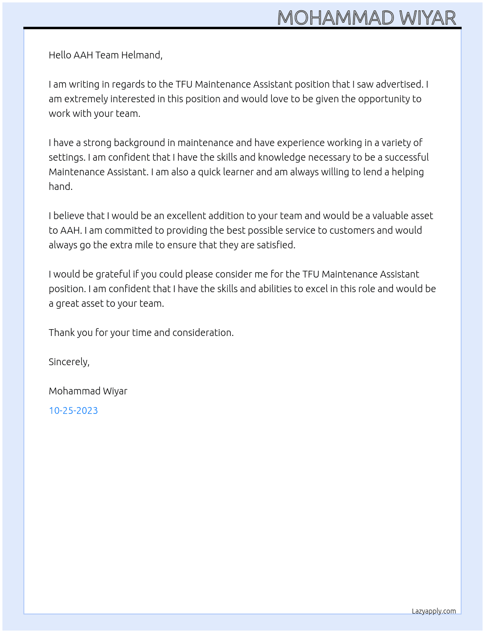  TFU Maintenance Assistant At AAH  Cover Letter
