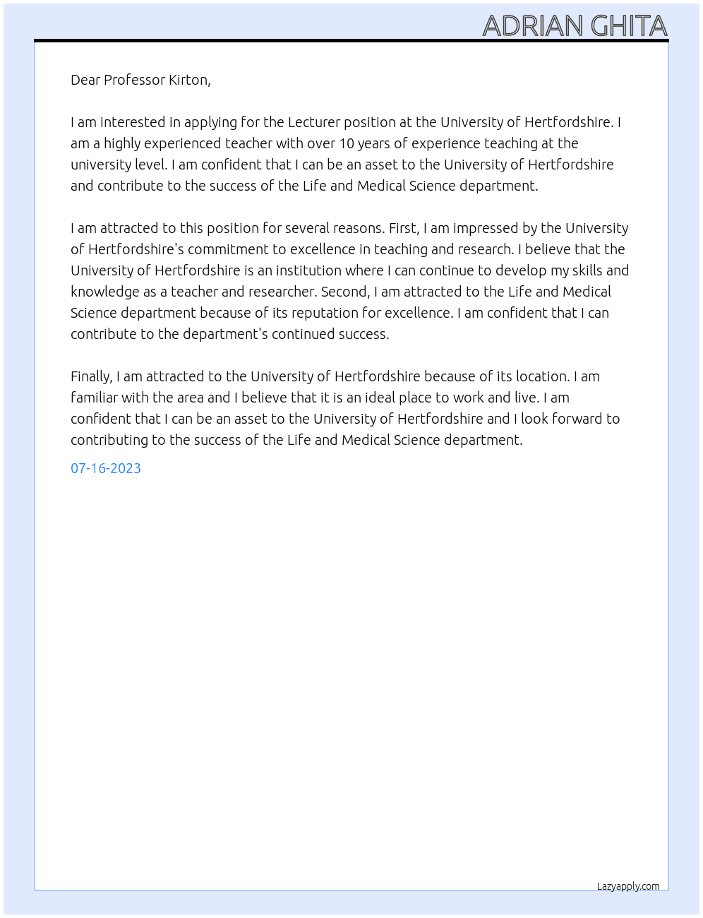 Lecturer At University of Hertfordshire Cover Letter
