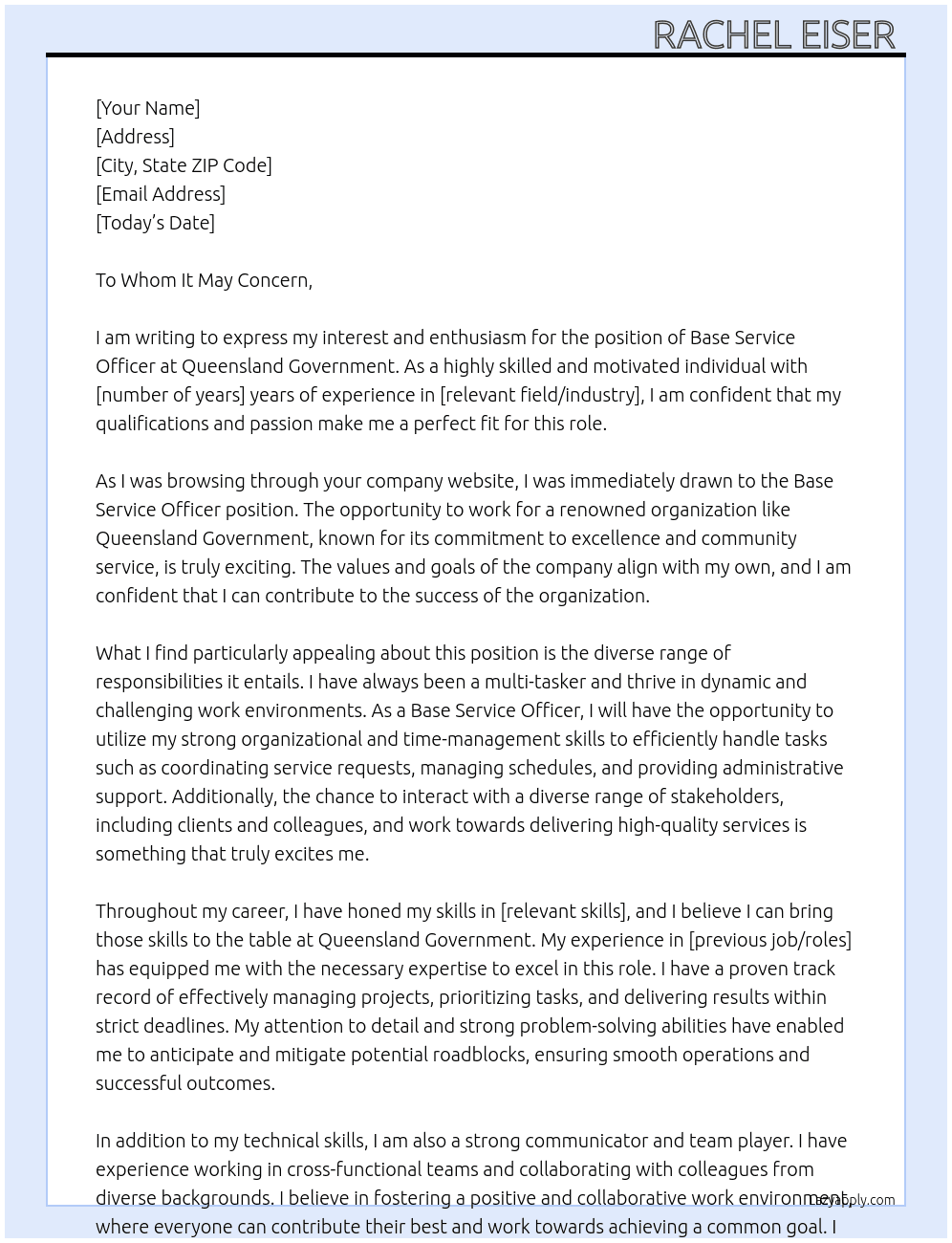 Base service officer At Queensland government  Cover Letter