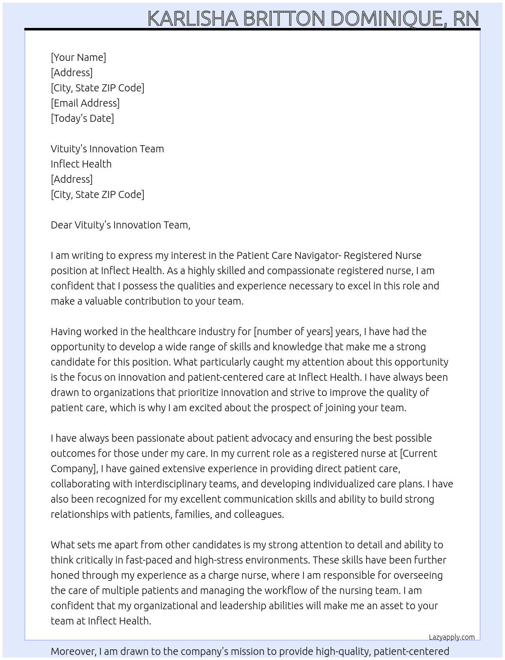 Patient Care Navigator- Registered Nurse At Inflect Health Cover Letter