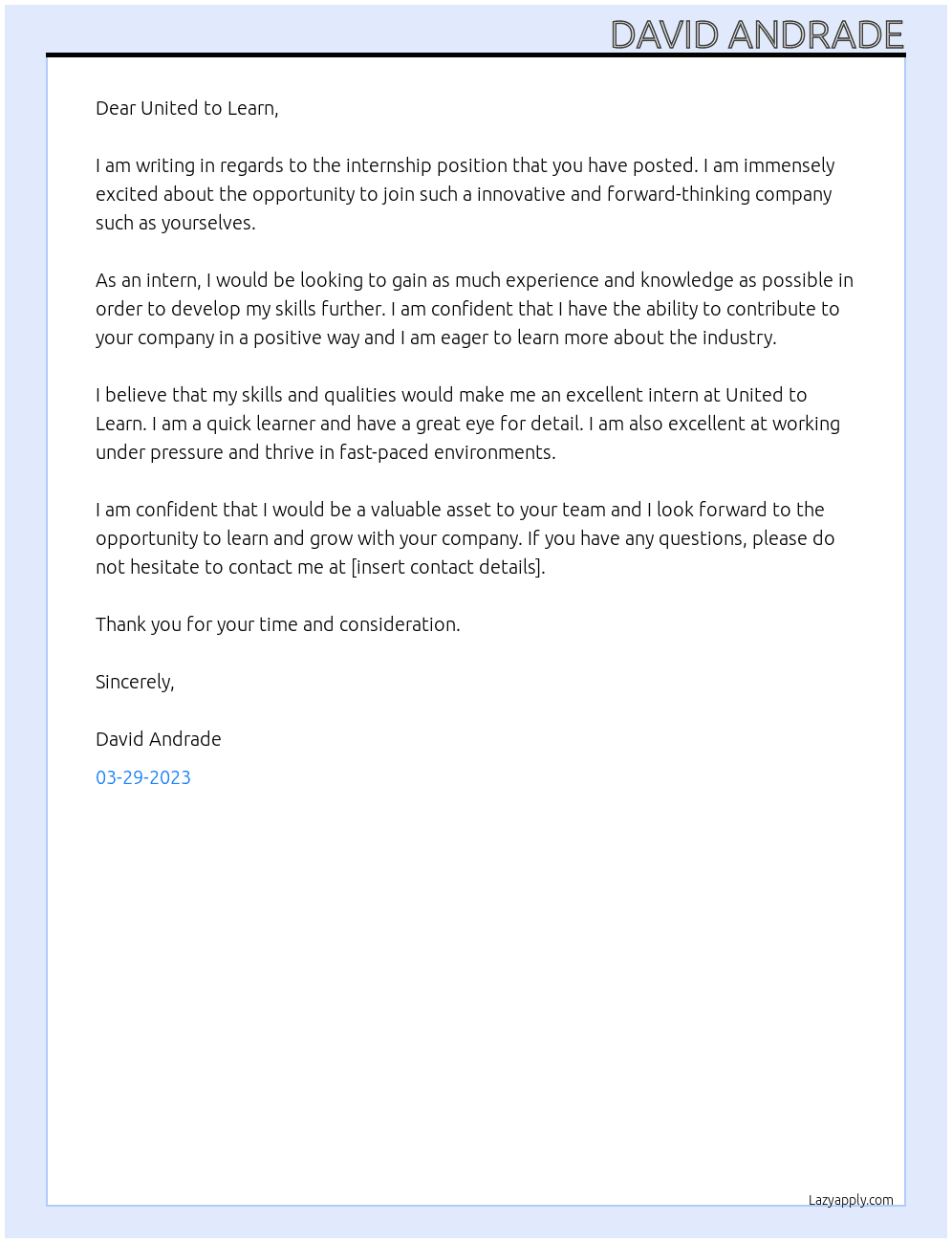 internship At United to Learn Cover Letter
