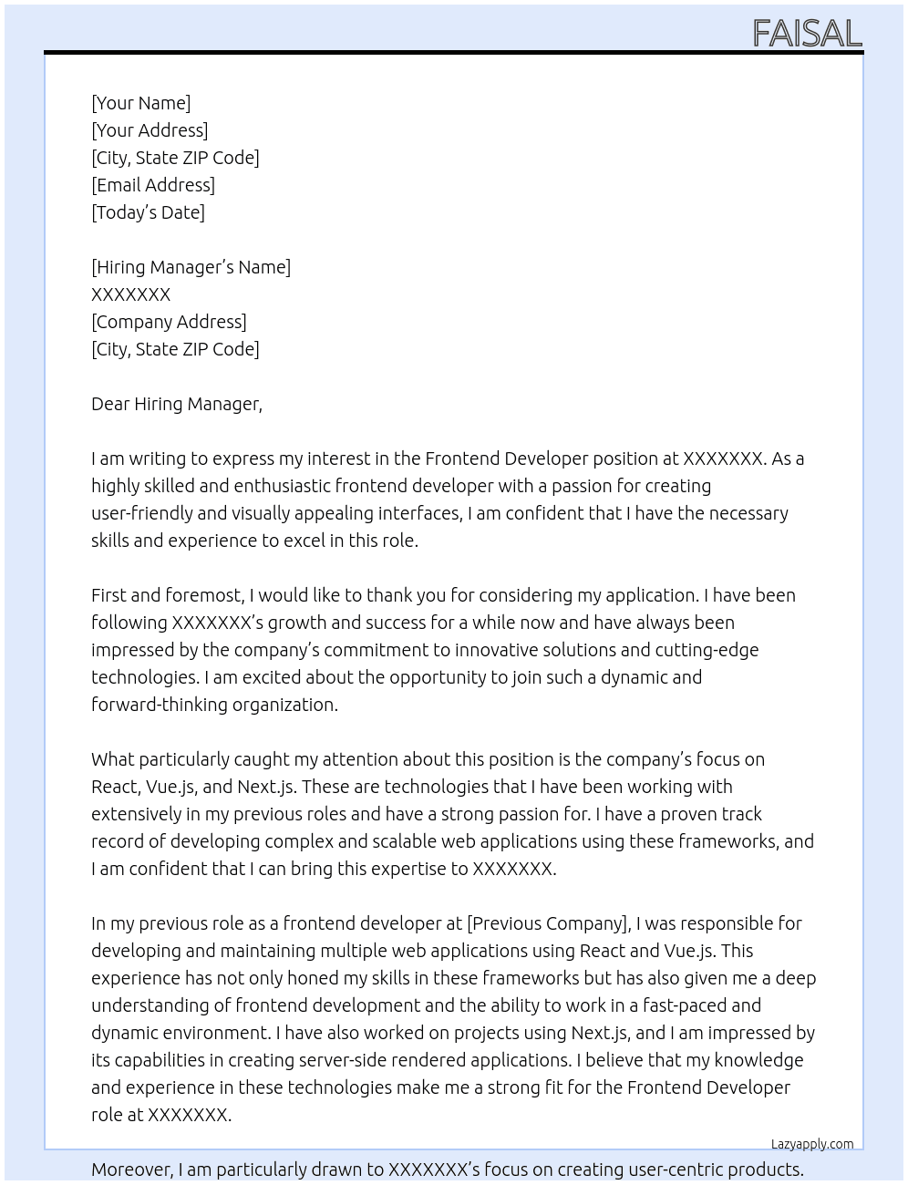 Frontend Developer At XXXXXXX Cover Letter