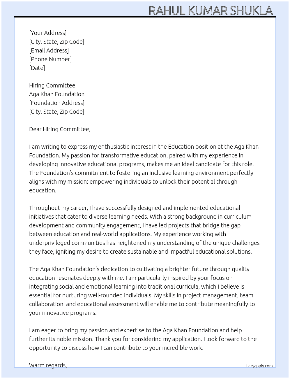 Cover letter for education work - LazyApply