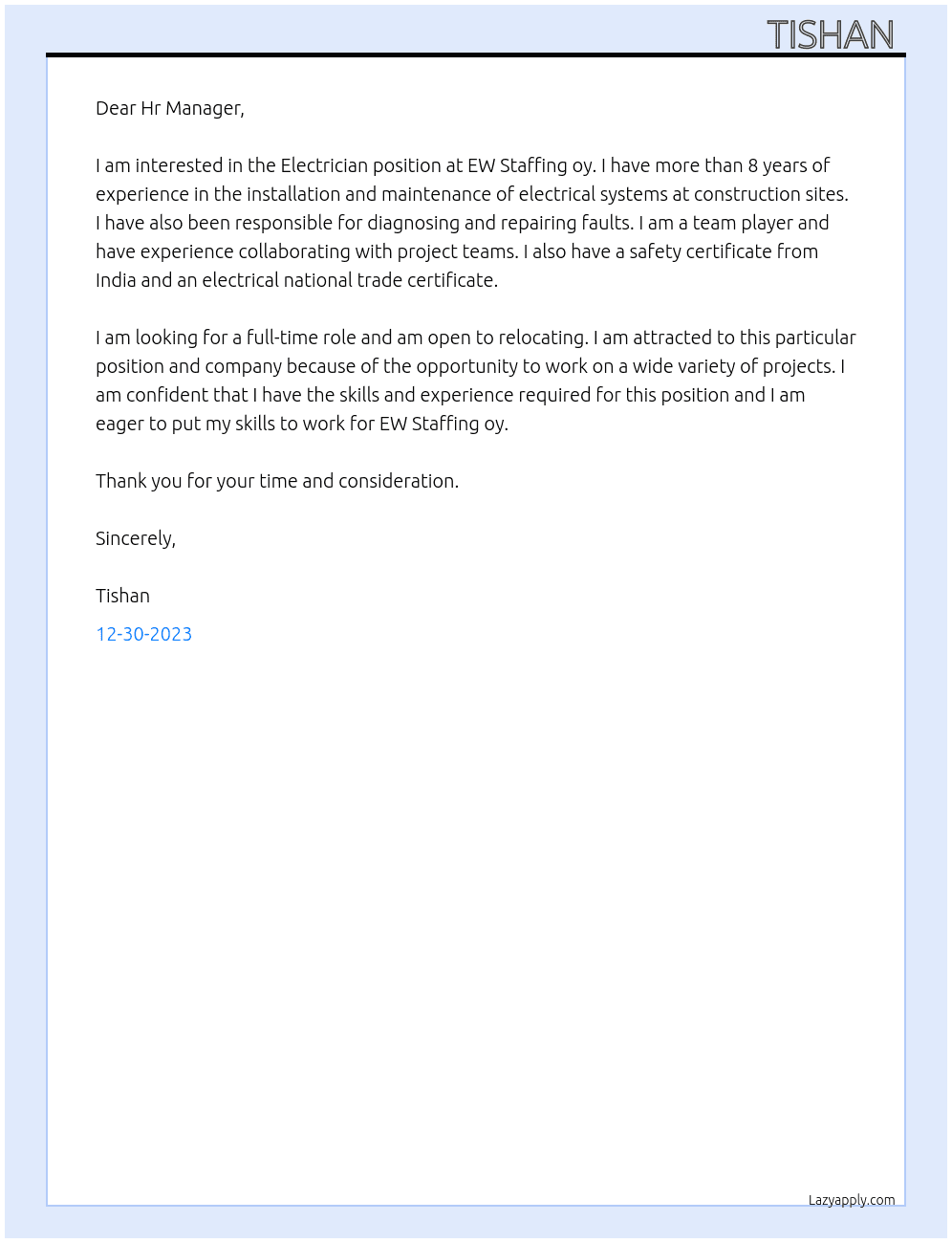 Electrician  At EW Staffing oy Cover Letter
