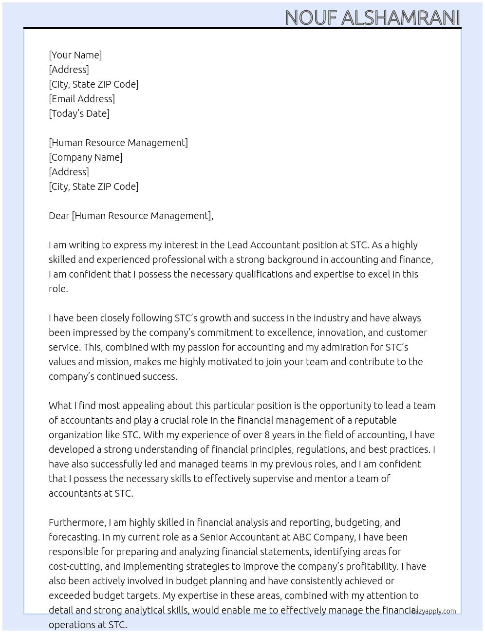 Lead Accountant At STC Cover Letter