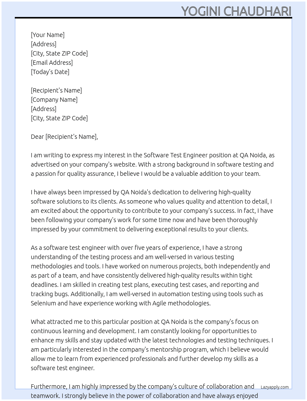 Software test engineer At  QA noida Cover Letter