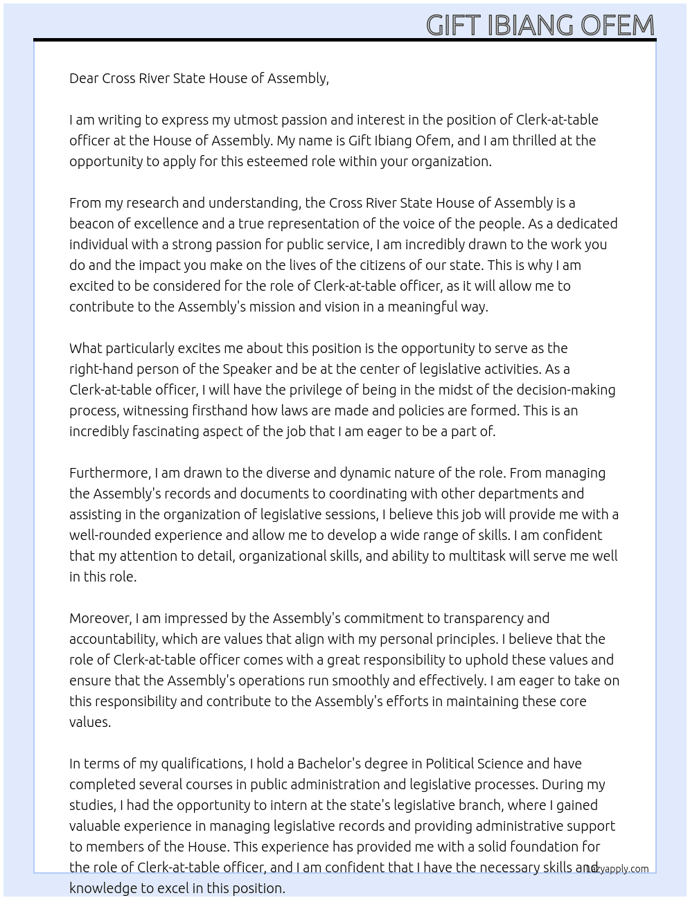 Clerk-at-table officer At House of Assembly Clerk-at-table officer Cover Letter