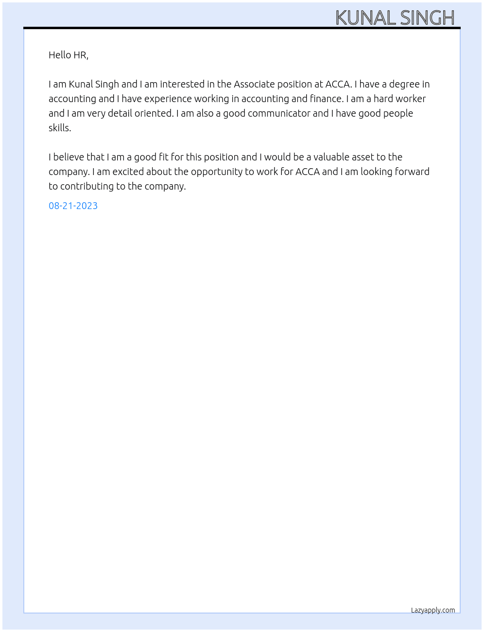 Associate  At ACCA  Cover Letter