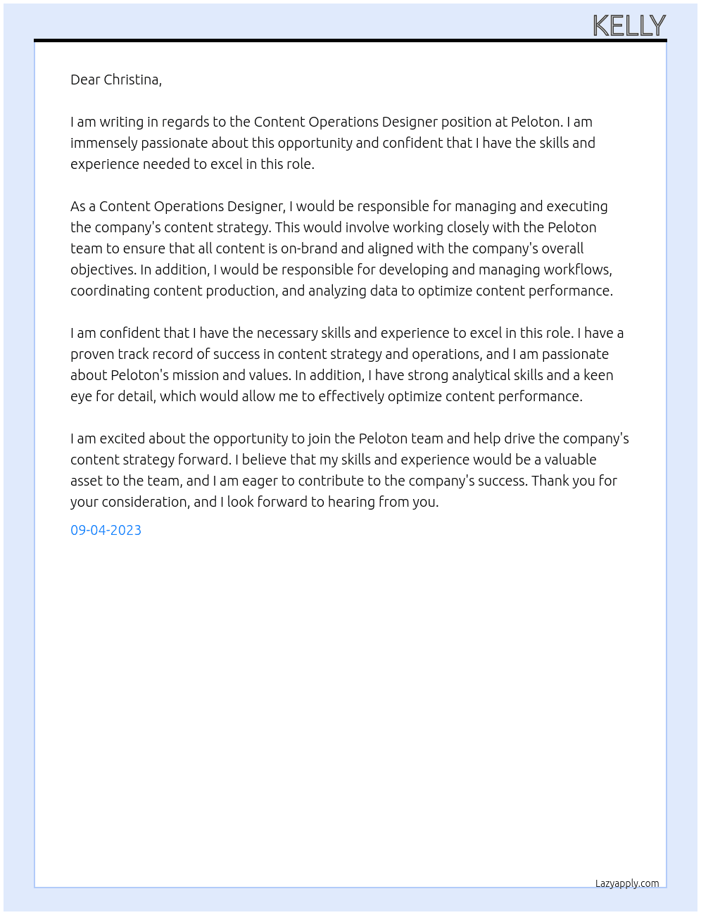 Content Operations Designer At Peloton Cover Letter