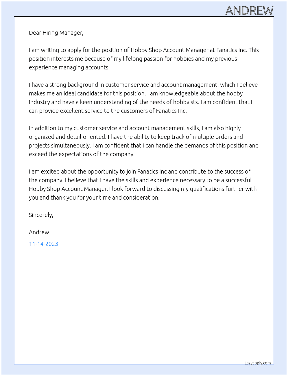 Hobby Shop Account Manager At Fanatics Inc Cover Letter