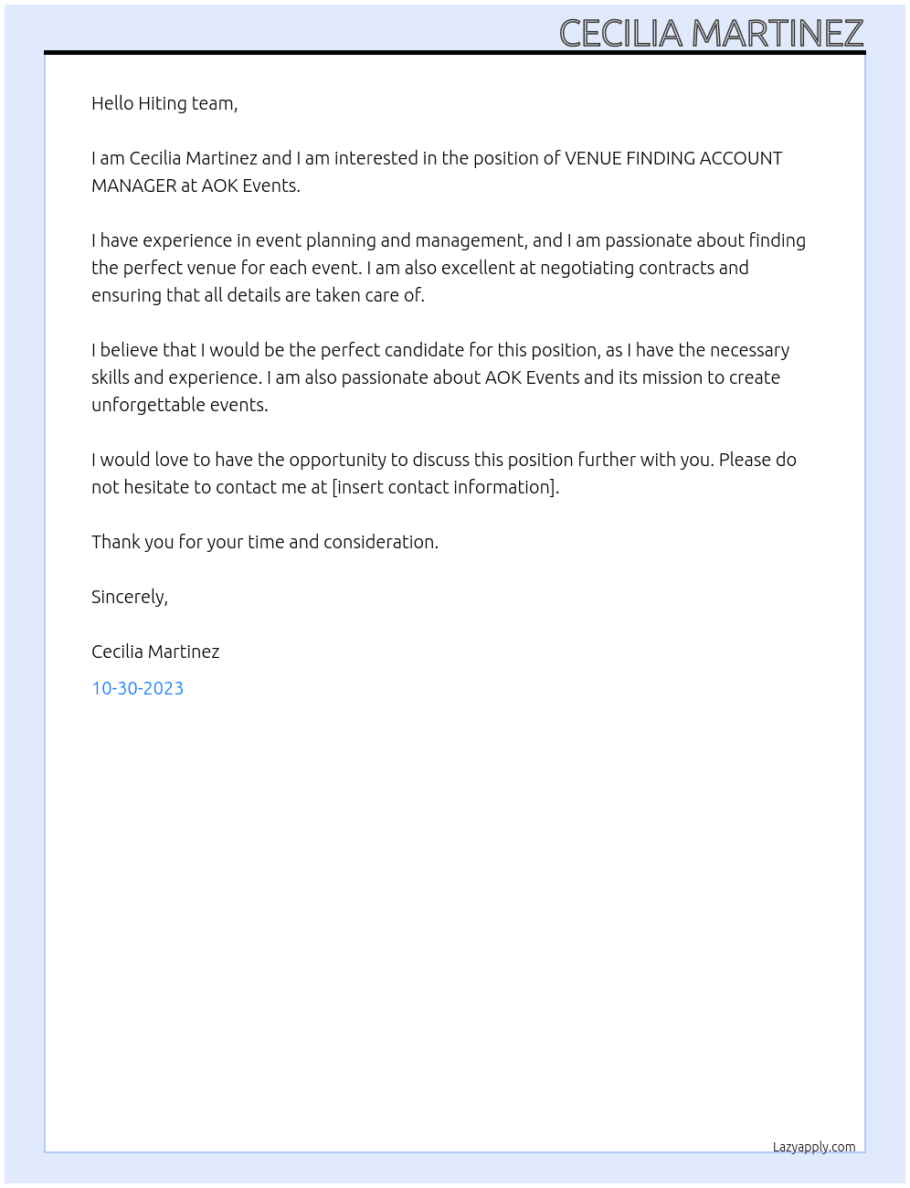 VENUE FINDING ACCOUNT MANAGER At AOK Events Cover Letter