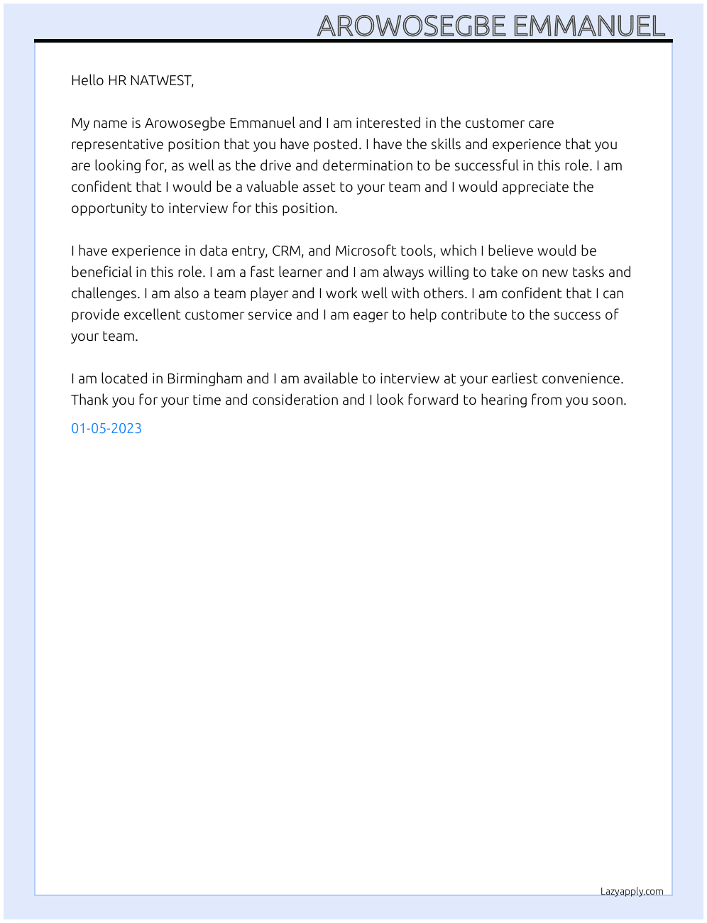 Customer care representative  At NATWEST Cover Letter