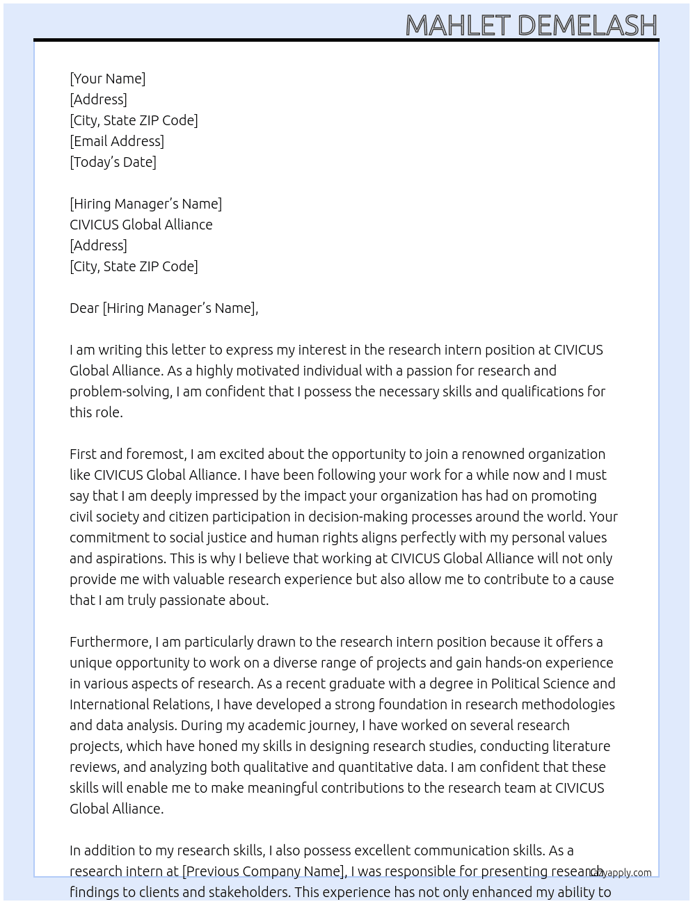 research intern  At CIVICUS global alliance  Cover Letter