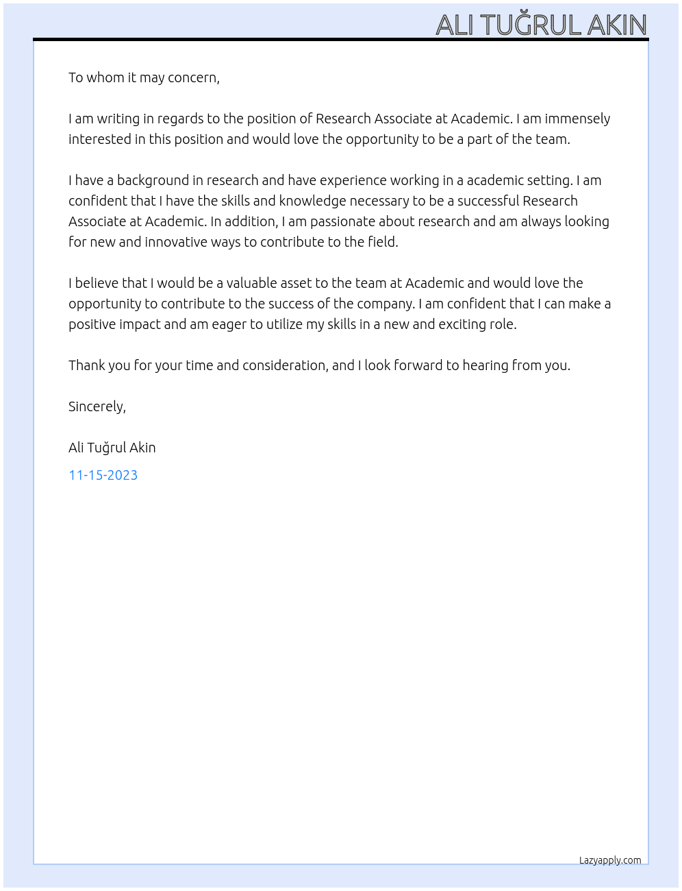 Research Associate At Academic Cover Letter