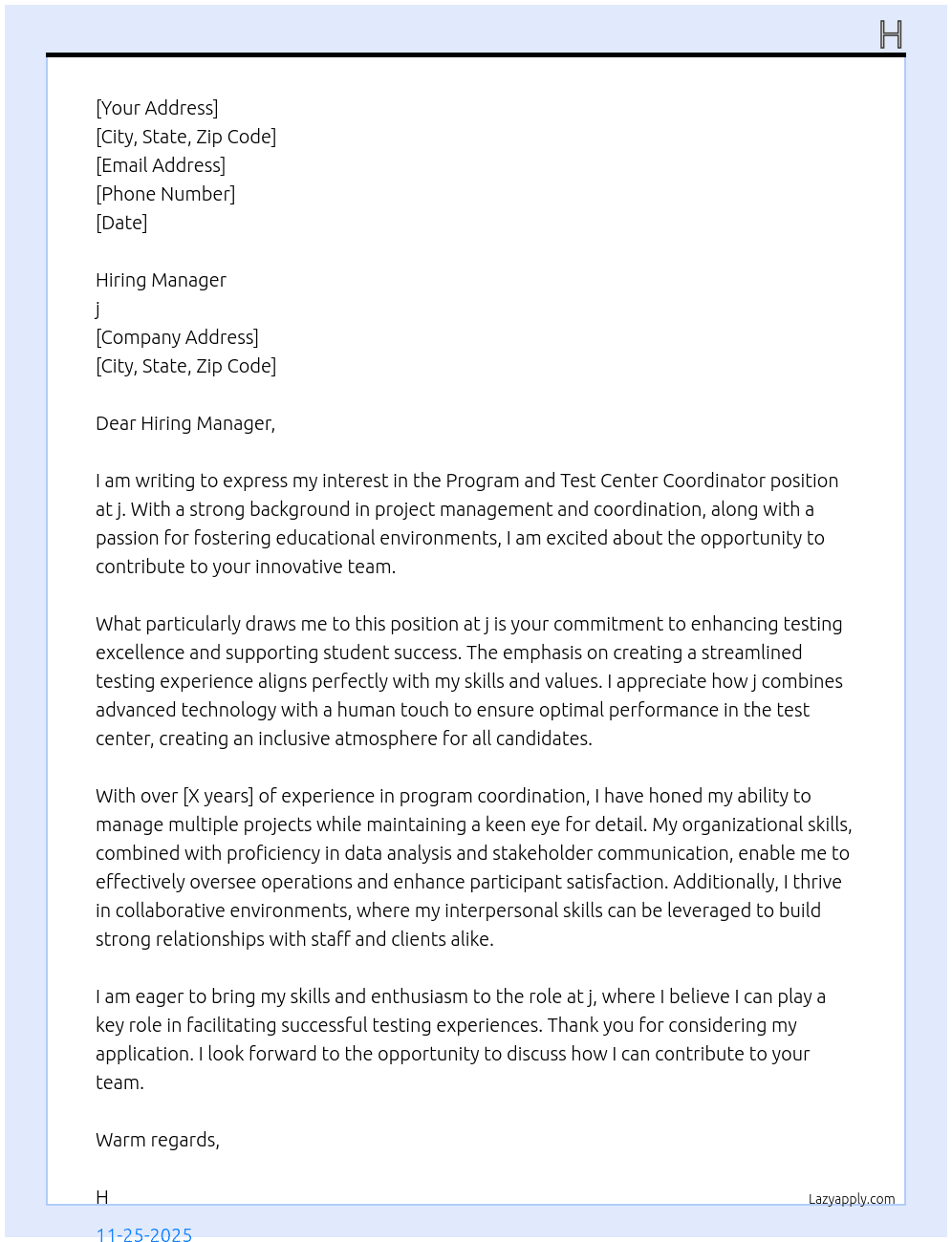 Cover letter for program and test center coordinator - LazyApply