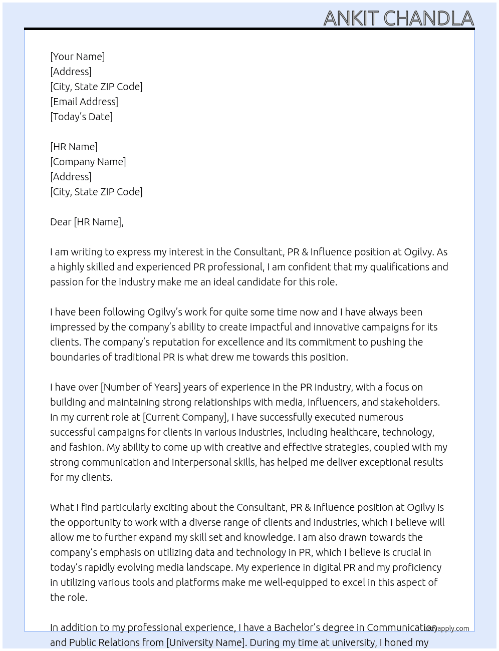 Consultant, PR & Influence At Ogilvy Cover Letter