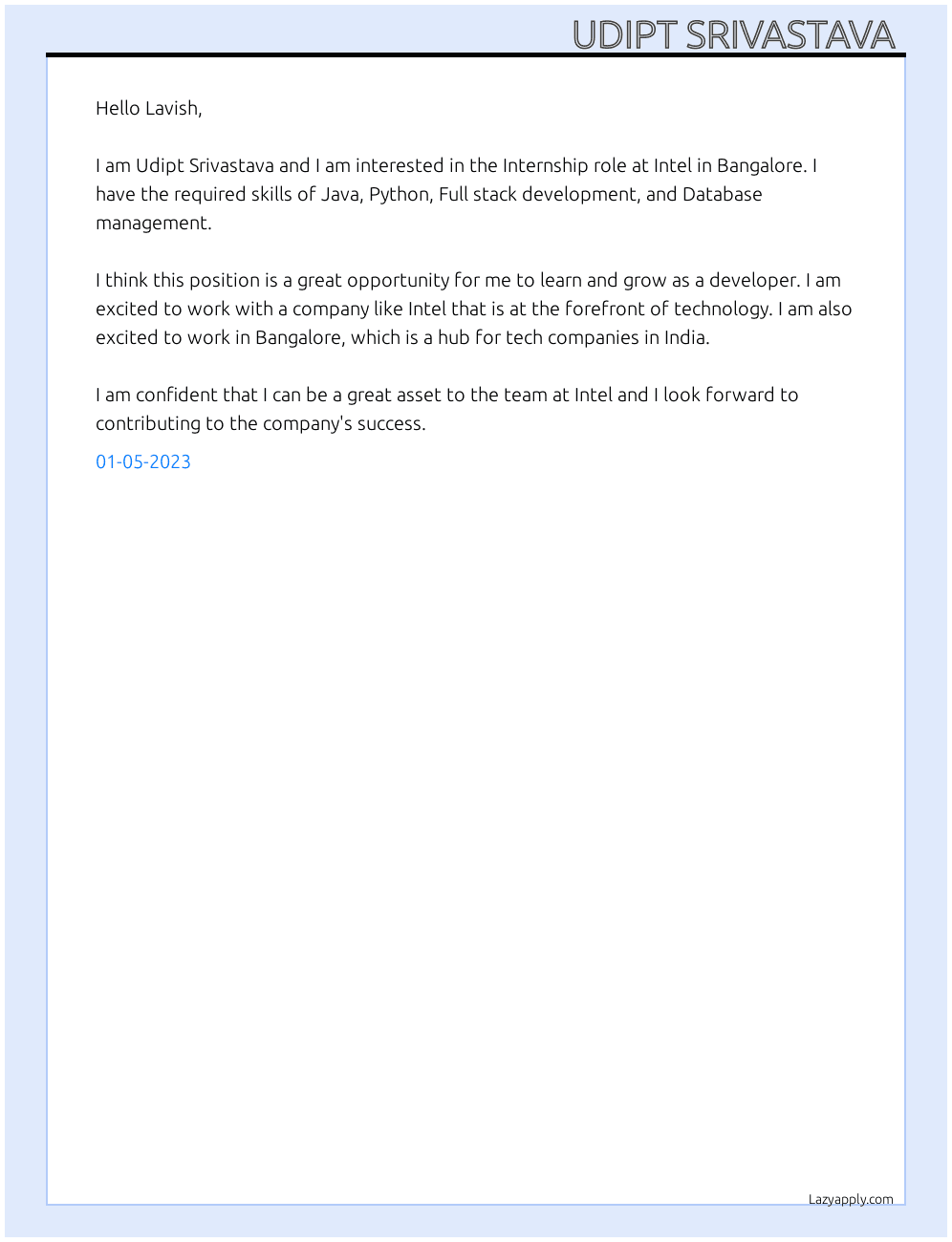 Fresher  At Intel Cover Letter