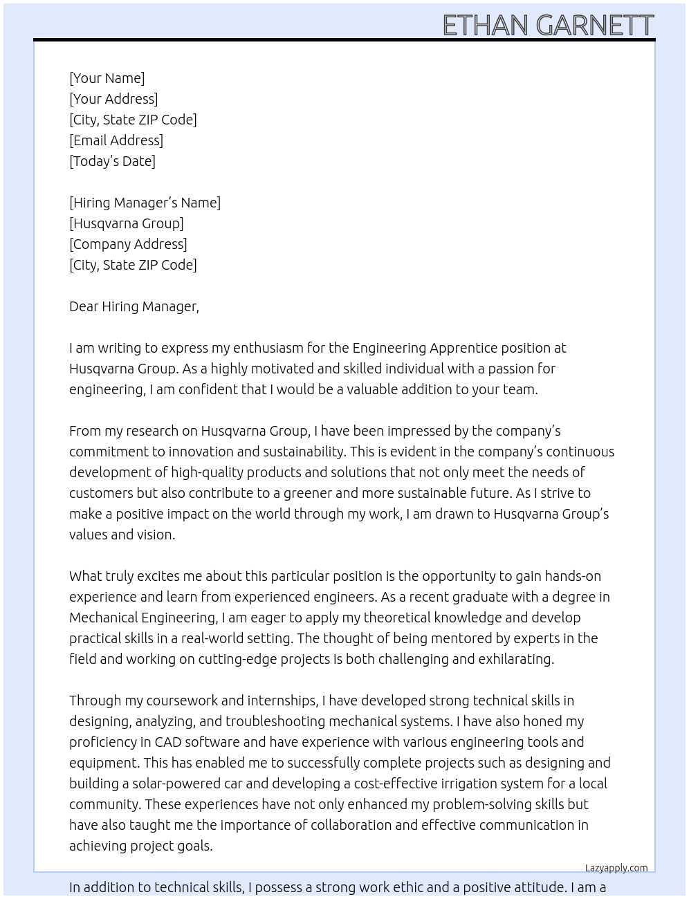 Engineering Apprentice   At Husqvarna Group Cover Letter