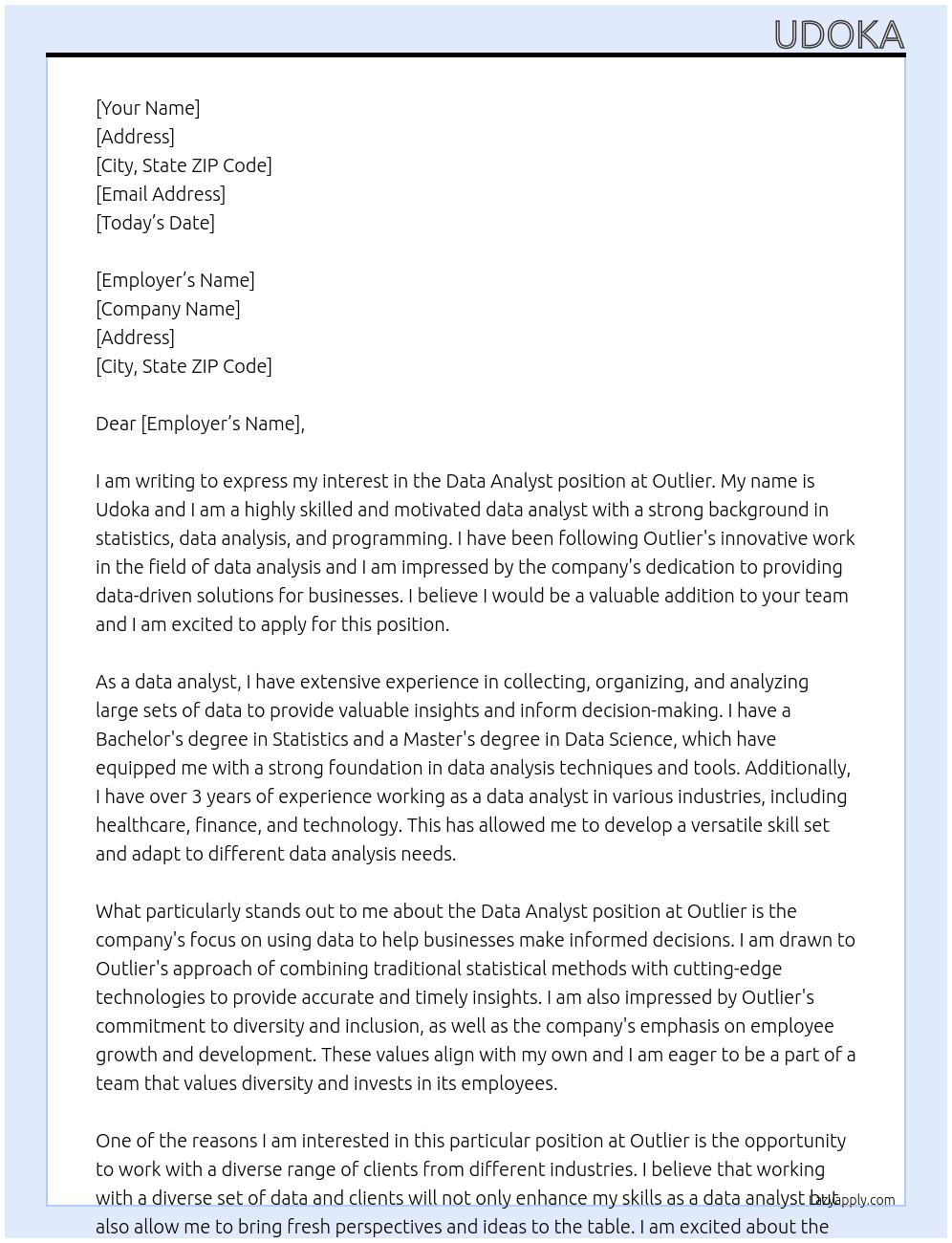 Data Analyst At Outlier Cover Letter