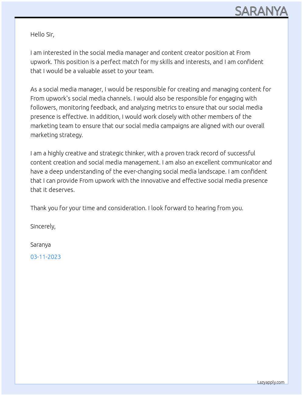 Social media manager and Content creator  At From upwork Cover Letter