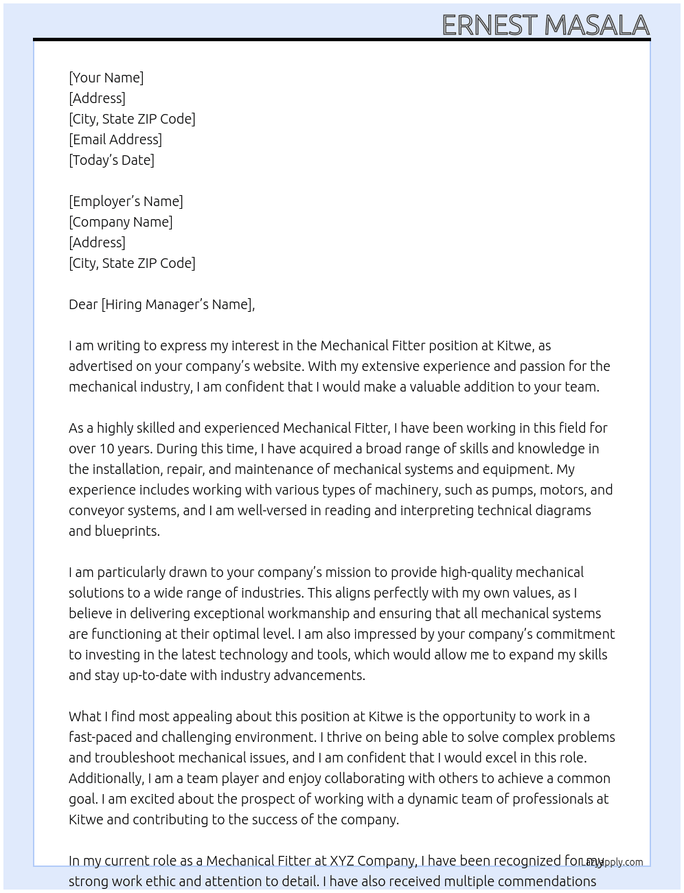 Mechanical fitter  At Kitwe  Cover Letter