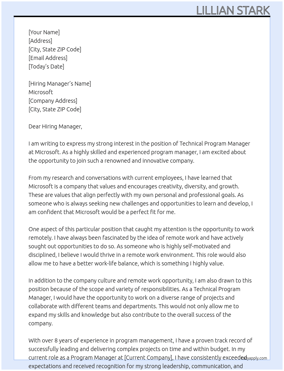 Technical Program Manager At Microsoft Cover Letter