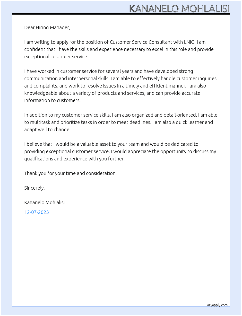 Customer service consultant At LNIG Cover Letter