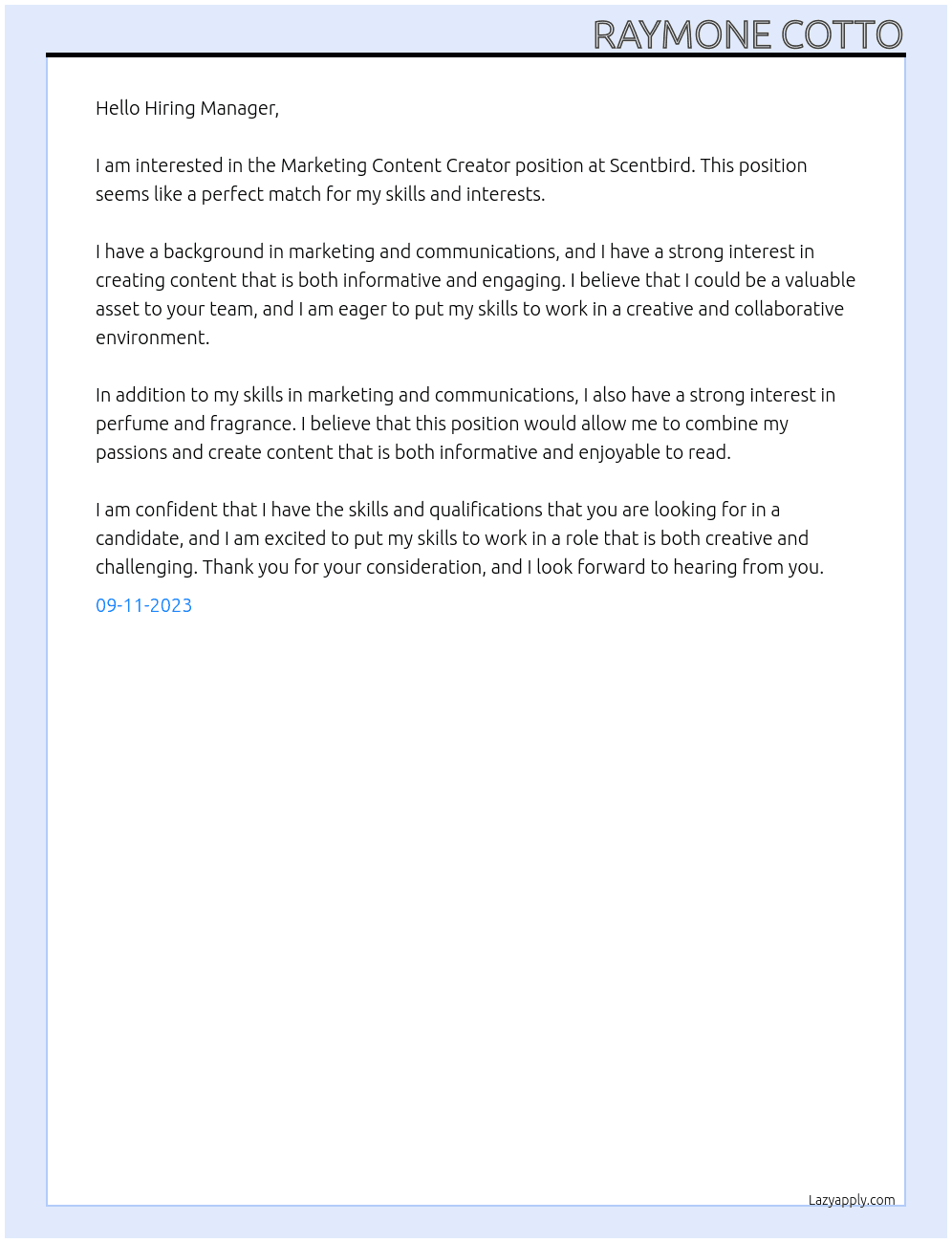 Marketing Content Creator At Scentbird Cover Letter