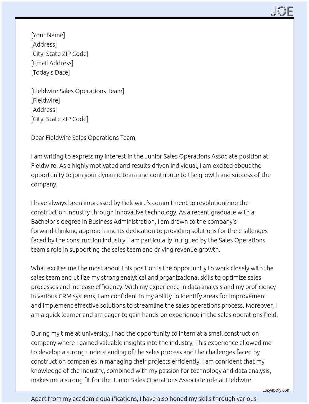 Junior Sales Operations Associate At Fieldwire Cover Letter