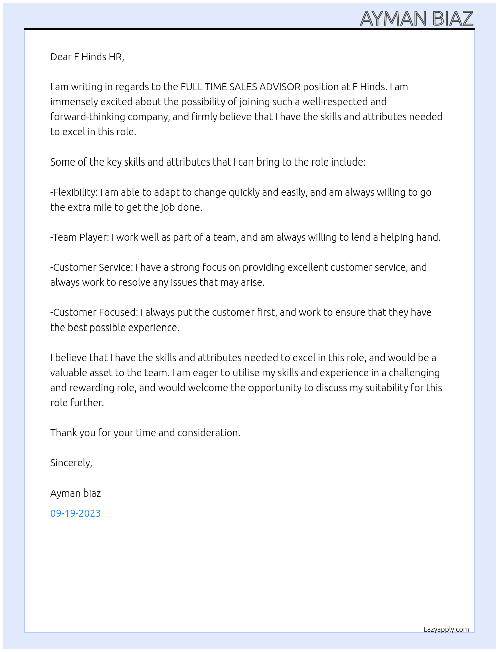 FULL TIME SALES ADVISOR At F Hinds Cover Letter